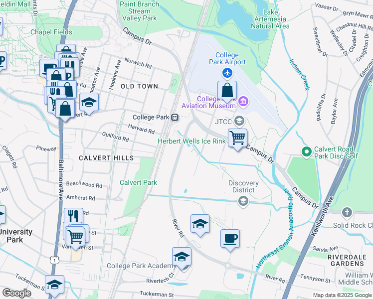 map of restaurants, bars, coffee shops, grocery stores, and more near 7201 River Road in Adelphi