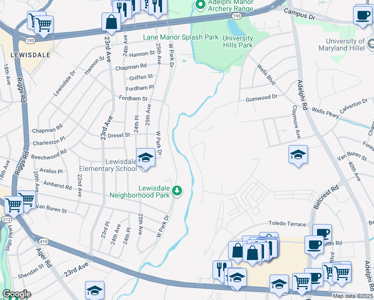map of restaurants, bars, coffee shops, grocery stores, and more near 7004 Highview Terrace in Hyattsville