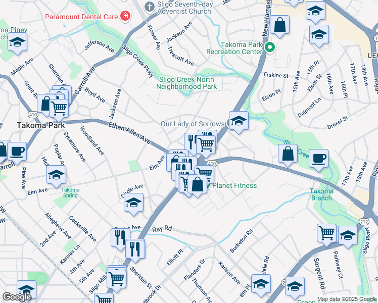 map of restaurants, bars, coffee shops, grocery stores, and more near 715 Auburn Avenue in Takoma Park