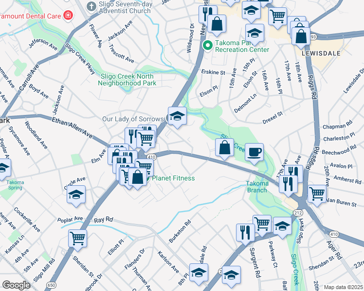 map of restaurants, bars, coffee shops, grocery stores, and more near 1011 Hopewell Avenue in Takoma Park