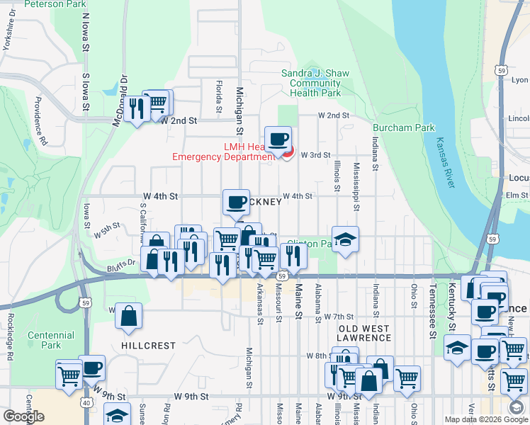 map of restaurants, bars, coffee shops, grocery stores, and more near 414 Arkansas Street in Lawrence