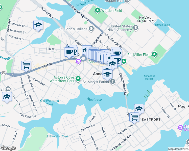 map of restaurants, bars, coffee shops, grocery stores, and more near 130 Conduit Street in Annapolis