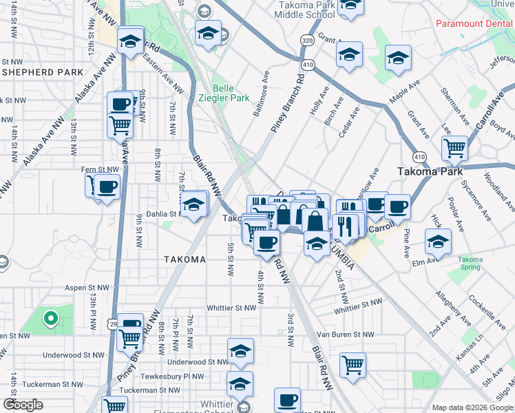 map of restaurants, bars, coffee shops, grocery stores, and more near 327 Cedar Street Northwest in Washington