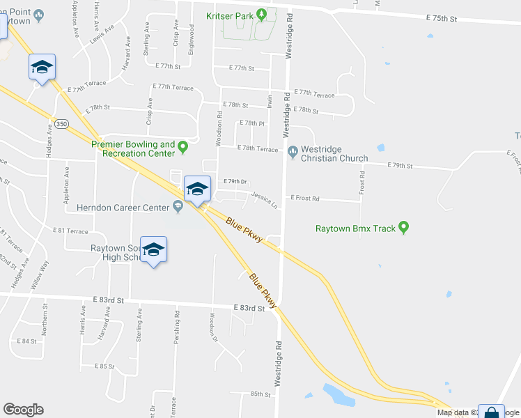 map of restaurants, bars, coffee shops, grocery stores, and more near 11901 Jessica Lane in Raytown