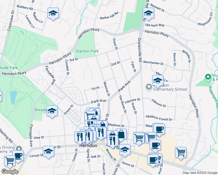 map of restaurants, bars, coffee shops, grocery stores, and more near 910 Monroe Street in Herndon