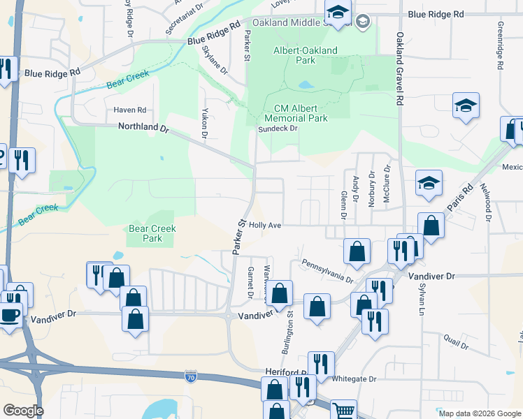 map of restaurants, bars, coffee shops, grocery stores, and more near 2410 Parker Street in Columbia