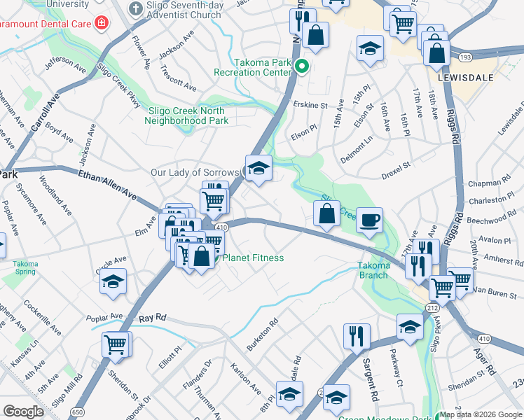 map of restaurants, bars, coffee shops, grocery stores, and more near 1009 Hopewell Avenue in Takoma Park