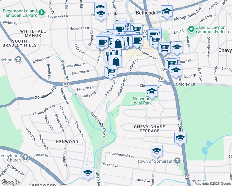 map of restaurants, bars, coffee shops, grocery stores, and more near 6646 Hillandale Road in Bethesda