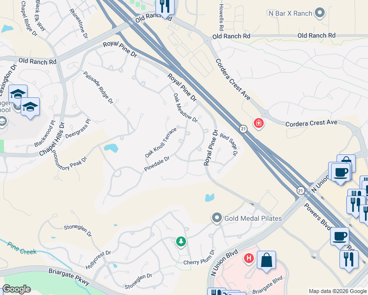 map of restaurants, bars, coffee shops, grocery stores, and more near 10023 Pinedale Drive in Colorado Springs