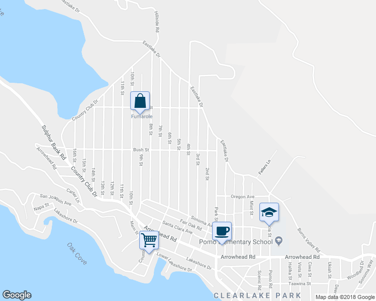 map of restaurants, bars, coffee shops, grocery stores, and more near 3186 Bush Street in Clearlake