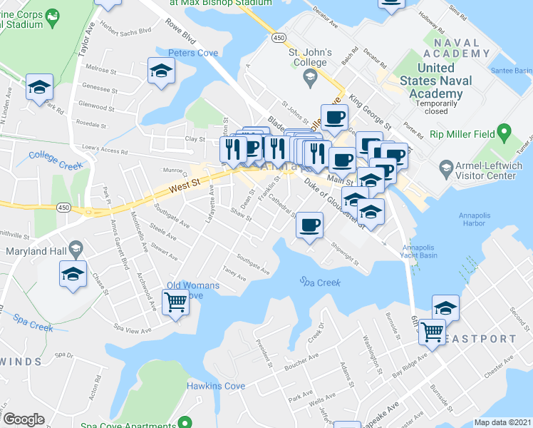 map of restaurants, bars, coffee shops, grocery stores, and more near 51 Richards Lane in Annapolis