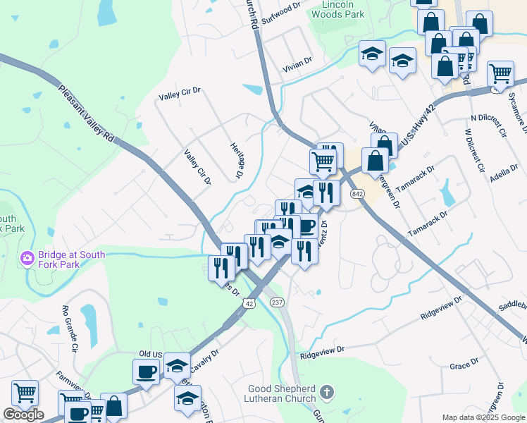 map of restaurants, bars, coffee shops, grocery stores, and more near 8551 Aldersgate Drive in Florence