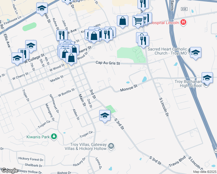 map of restaurants, bars, coffee shops, grocery stores, and more near 370 Monroe Street in Troy