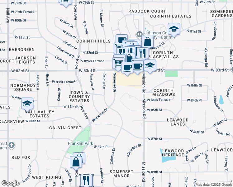 map of restaurants, bars, coffee shops, grocery stores, and more near 8401 Somerset Drive in Prairie Village