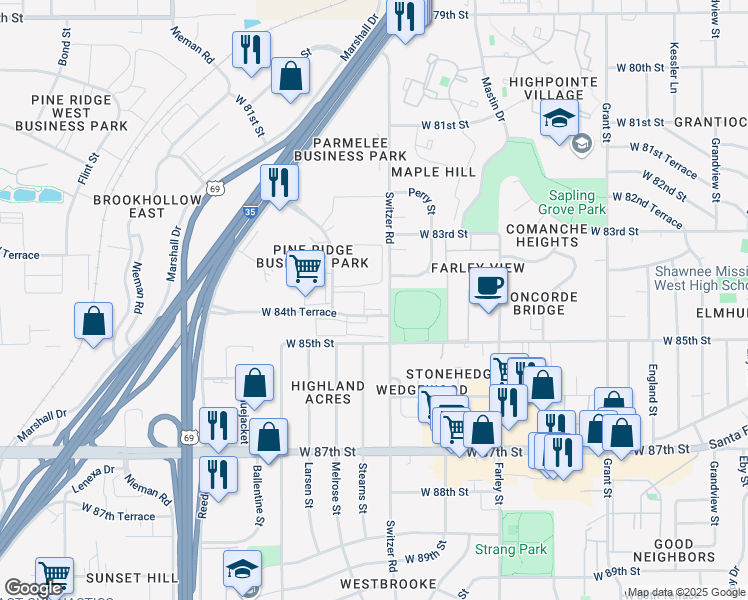 map of restaurants, bars, coffee shops, grocery stores, and more near 10310 W 84th Terrace in Overland Park
