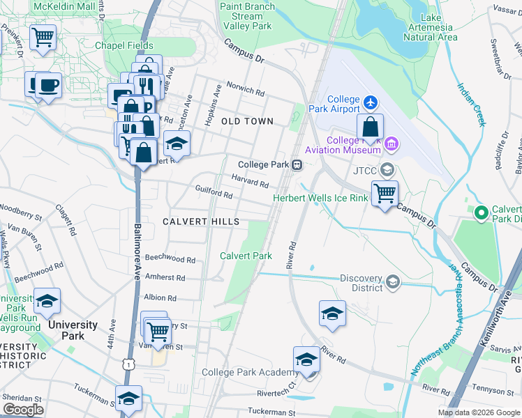map of restaurants, bars, coffee shops, grocery stores, and more near 4813 Guilford Road in College Park
