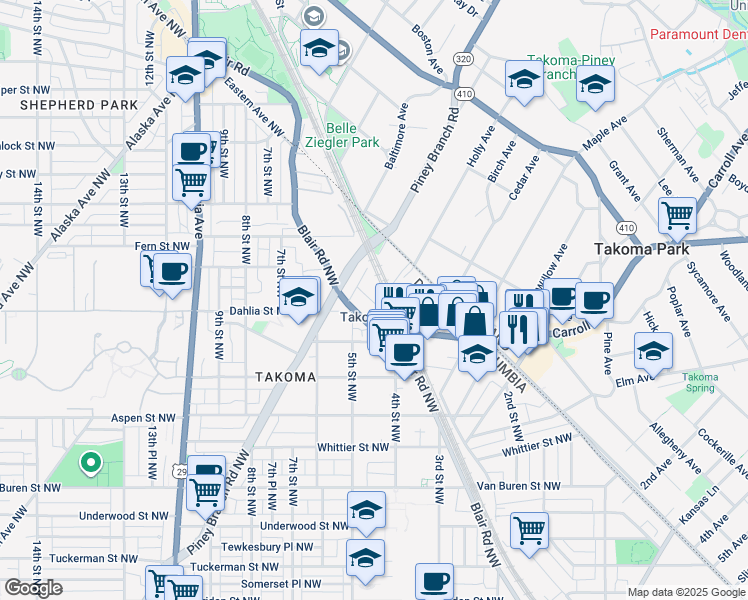 map of restaurants, bars, coffee shops, grocery stores, and more near 7053 Spring Place Northwest in Washington