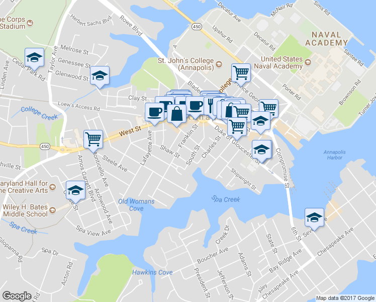 map of restaurants, bars, coffee shops, grocery stores, and more near 51 Richards Lane in Annapolis