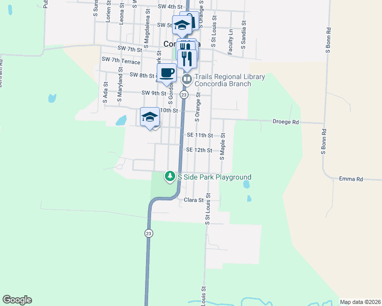 map of restaurants, bars, coffee shops, grocery stores, and more near 1205 South Main Street in Concordia