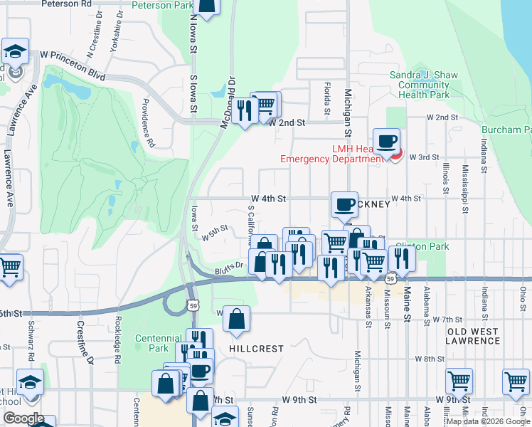 map of restaurants, bars, coffee shops, grocery stores, and more near 448 Grandview Terrace in Lawrence
