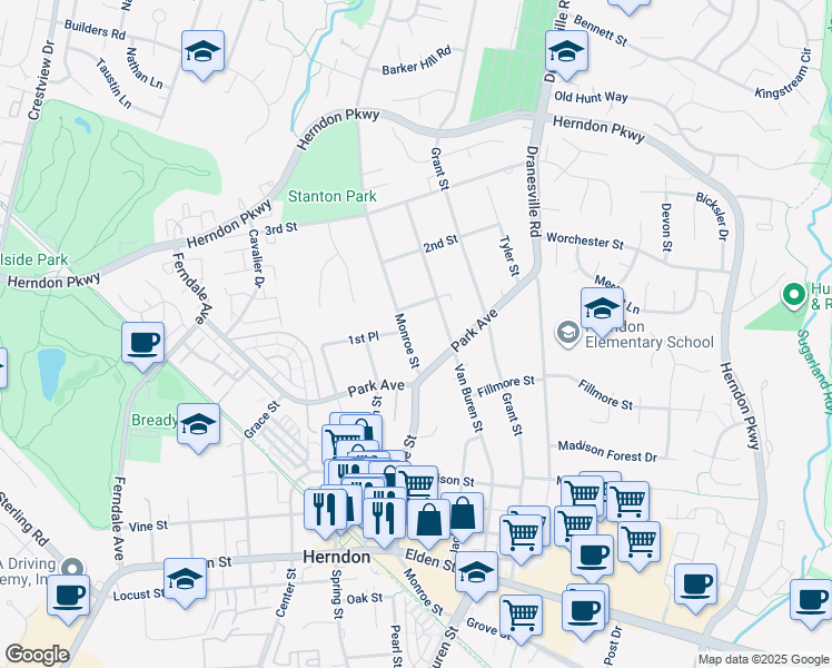 map of restaurants, bars, coffee shops, grocery stores, and more near 910 Monroe Street in Herndon