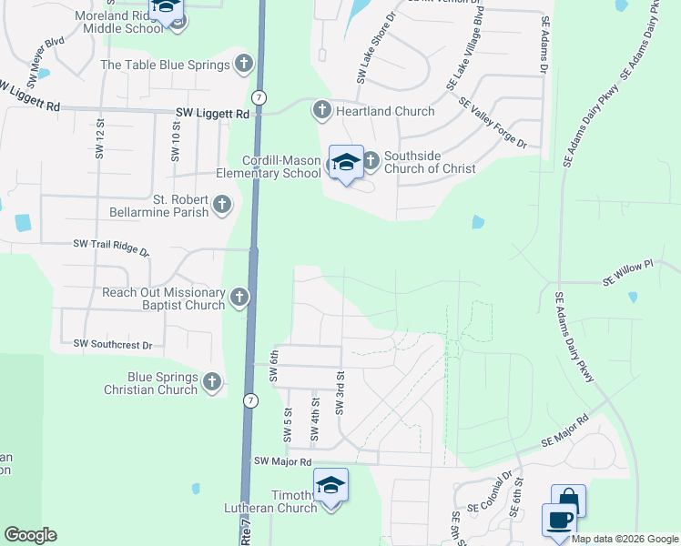 map of restaurants, bars, coffee shops, grocery stores, and more near 401 Southwest Chelmsford Drive in Blue Springs