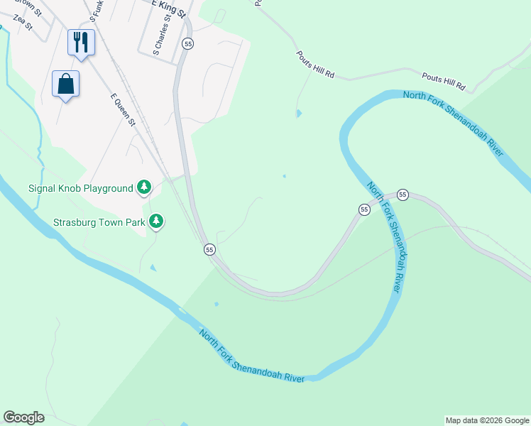 map of restaurants, bars, coffee shops, grocery stores, and more near 252 Nature's Way Lane in Strasburg