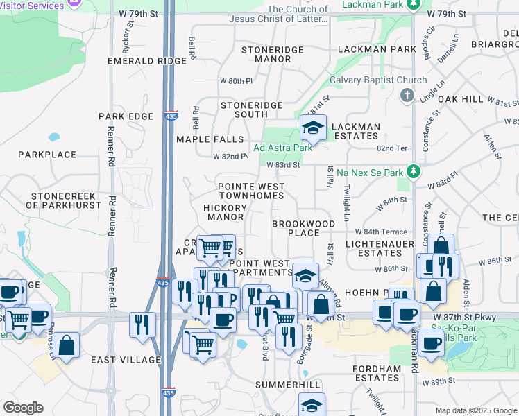 map of restaurants, bars, coffee shops, grocery stores, and more near 15910 West 84th Terrace in Lenexa