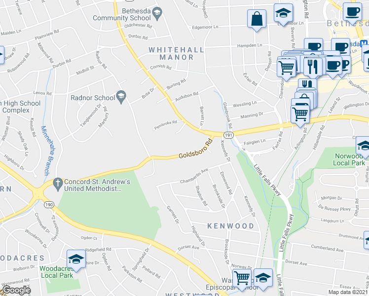 map of restaurants, bars, coffee shops, grocery stores, and more near 532 Goldsboro Road in Bethesda