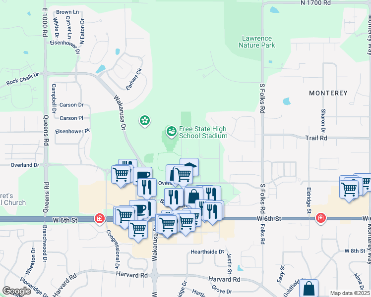 map of restaurants, bars, coffee shops, grocery stores, and more near 4700 Overland Drive in Lawrence