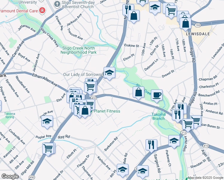 map of restaurants, bars, coffee shops, grocery stores, and more near 1011 Hopewell Avenue in Takoma Park