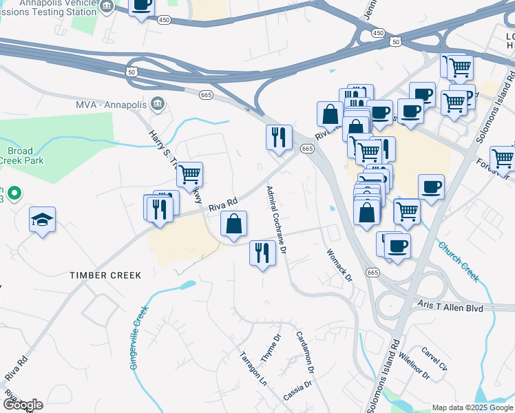 map of restaurants, bars, coffee shops, grocery stores, and more near 2553 Riva Road in Annapolis