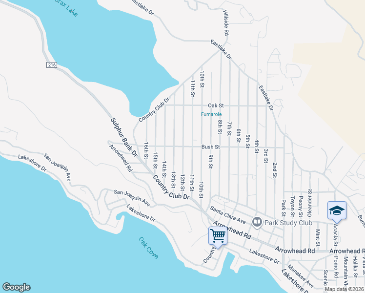 map of restaurants, bars, coffee shops, grocery stores, and more near Bush Street & 12th Street in Clearlake