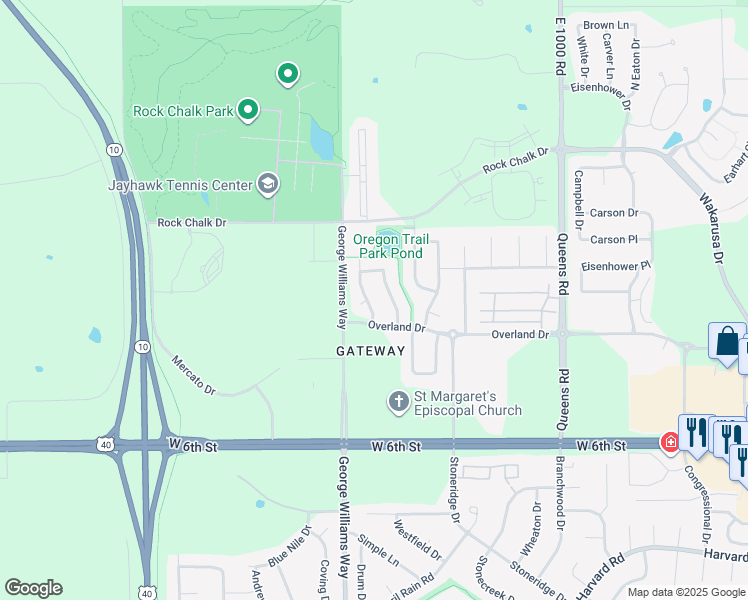 map of restaurants, bars, coffee shops, grocery stores, and more near 5803 Three Forks Court in Lawrence