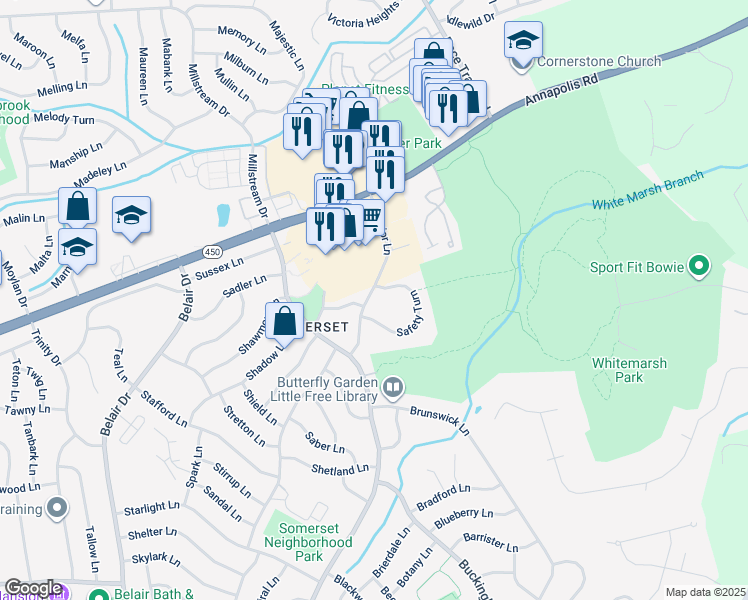 map of restaurants, bars, coffee shops, grocery stores, and more near 3205 Superior Lane in Bowie