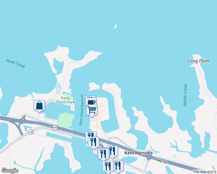 map of restaurants, bars, coffee shops, grocery stores, and more near 522 Narrows Pointe Drive in Grasonville