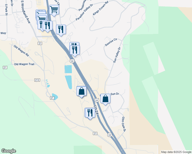 map of restaurants, bars, coffee shops, grocery stores, and more near 19569 U.S. 24 in Woodland Park