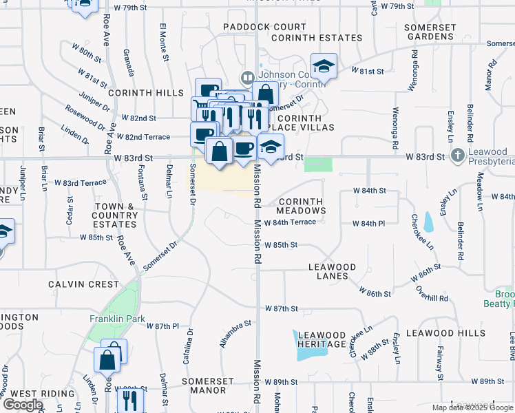 map of restaurants, bars, coffee shops, grocery stores, and more near 8401 Mission Road in Leawood