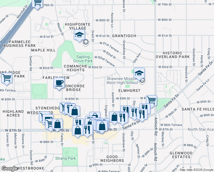 map of restaurants, bars, coffee shops, grocery stores, and more near 8427 England Street in Overland Park