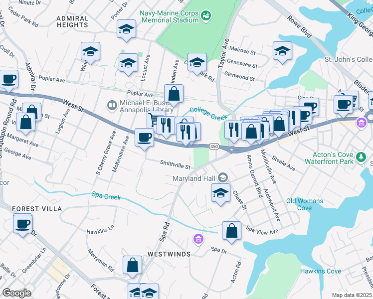 map of restaurants, bars, coffee shops, grocery stores, and more near 917 Annapolis Walk Drive in Annapolis