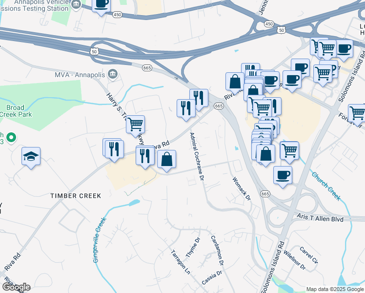 map of restaurants, bars, coffee shops, grocery stores, and more near 2553 Riva Road in Annapolis