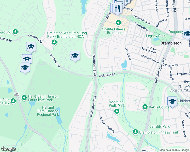 map of restaurants, bars, coffee shops, grocery stores, and more near Northstar Boulevard & Creighton Road in Brambleton