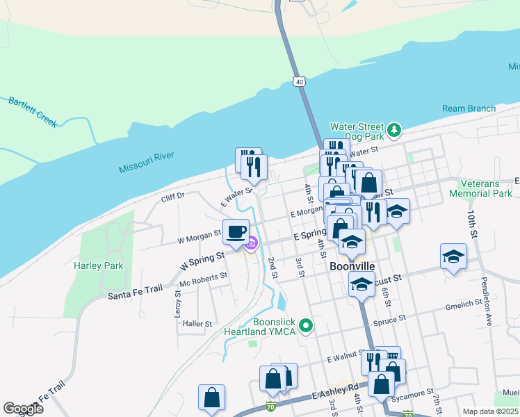 map of restaurants, bars, coffee shops, grocery stores, and more near 201 2nd Street in Boonville