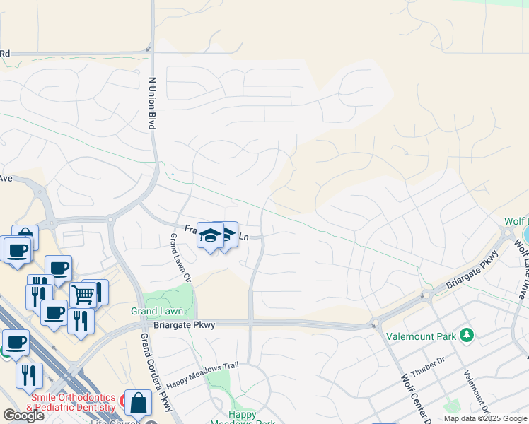 map of restaurants, bars, coffee shops, grocery stores, and more near 5202 Fraser Valley Lane in Colorado Springs