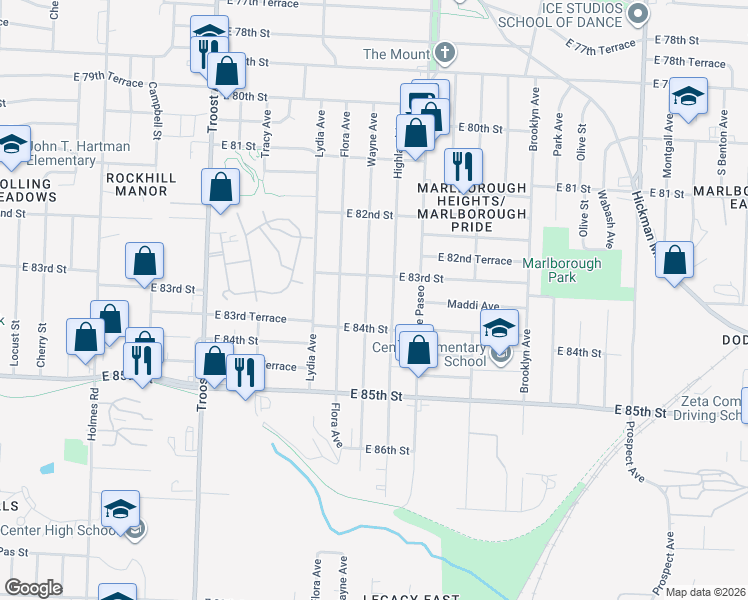 map of restaurants, bars, coffee shops, grocery stores, and more near 8335 Wayne Avenue in Kansas City
