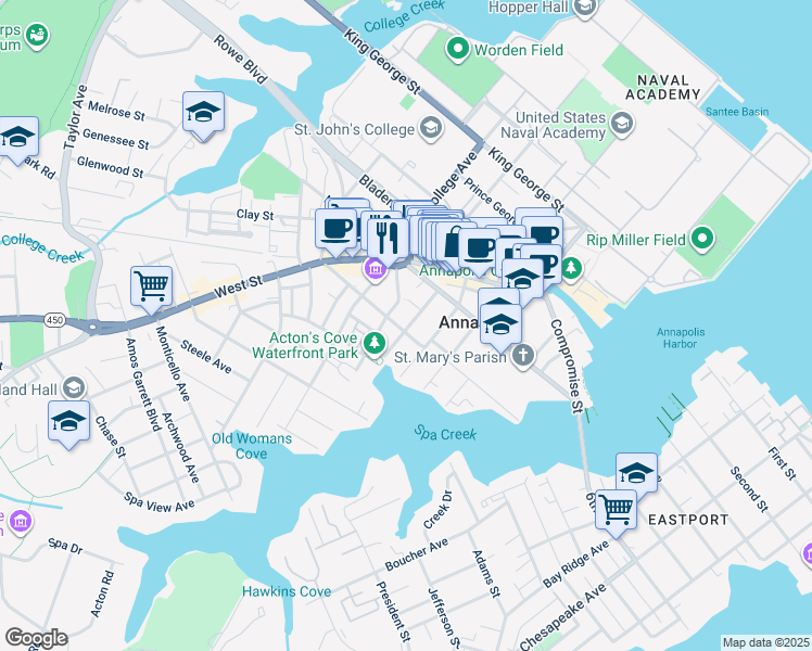 map of restaurants, bars, coffee shops, grocery stores, and more near 107 Charles Street in Annapolis