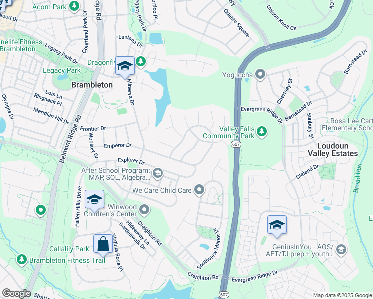 map of restaurants, bars, coffee shops, grocery stores, and more near 23159 Kleinsmith Way in Brambleton
