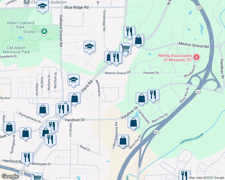 map of restaurants, bars, coffee shops, grocery stores, and more near 2854 North Willowbrook Road in Columbia