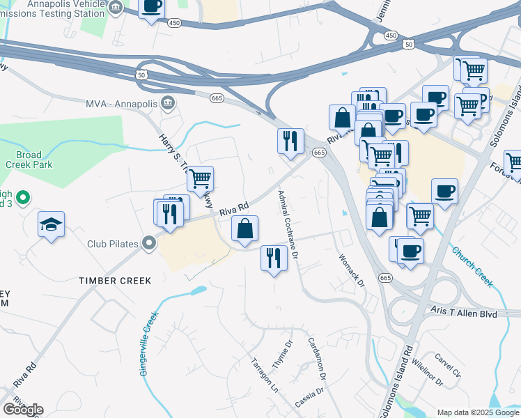 map of restaurants, bars, coffee shops, grocery stores, and more near 2553 Riva Road in Annapolis