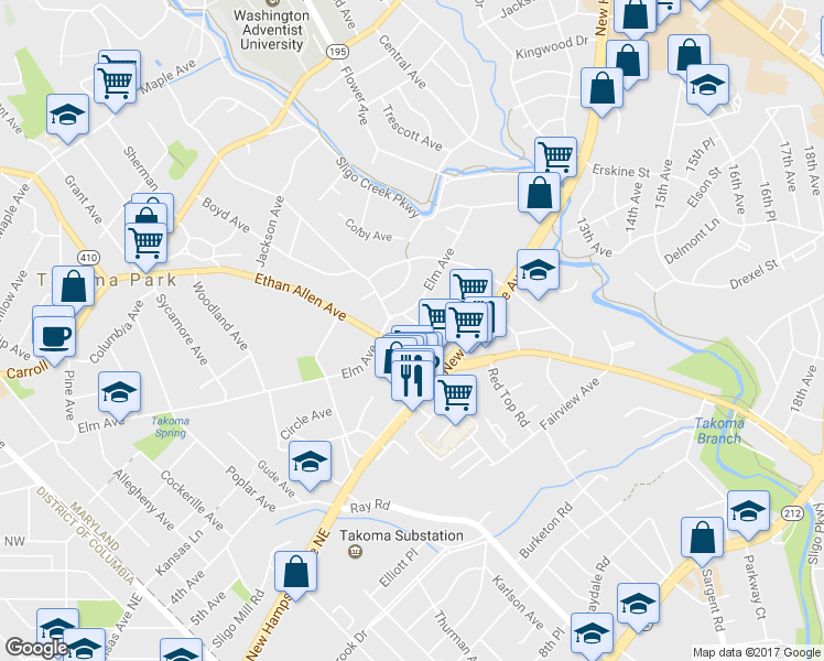 map of restaurants, bars, coffee shops, grocery stores, and more near 707 Auburn Avenue in Takoma Park